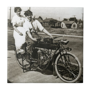 Triumph of Love Dating on a Motorcycle Vintage Tile