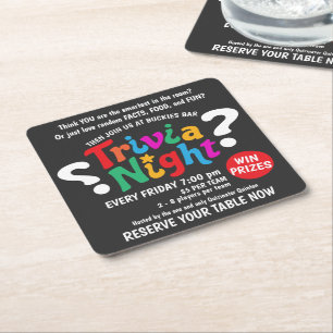 Trivia Night game night colorful quiz promotional Square Paper Coaster