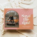 TRIXIE Retro Arched Photo Boho Save the Date Invitation<br><div class="desc">This save the date card features a bohemian arched photo design,  fun orange swirls,  a bright pink background and retro font and sunburst. Easily edit all colours to meet your needs and swap out the photos on the front and back for a personal touch.</div>