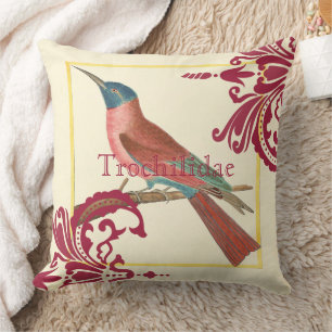 Trochilidae Vintage Hummingbird Raspberry Damask Throw Pillow