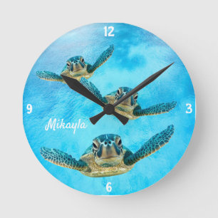 Trois Bébés Tortues de mer Nage Horloge ronde