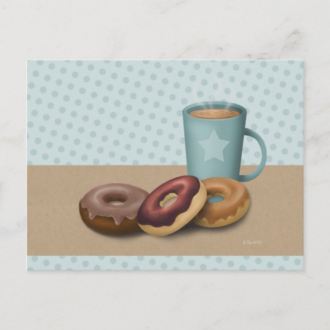 Trois beignets et une carte postale de café (Devant)