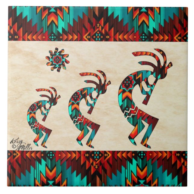 Trois carreaux en céramique Kokopelli Sud-Ouest (Devant)