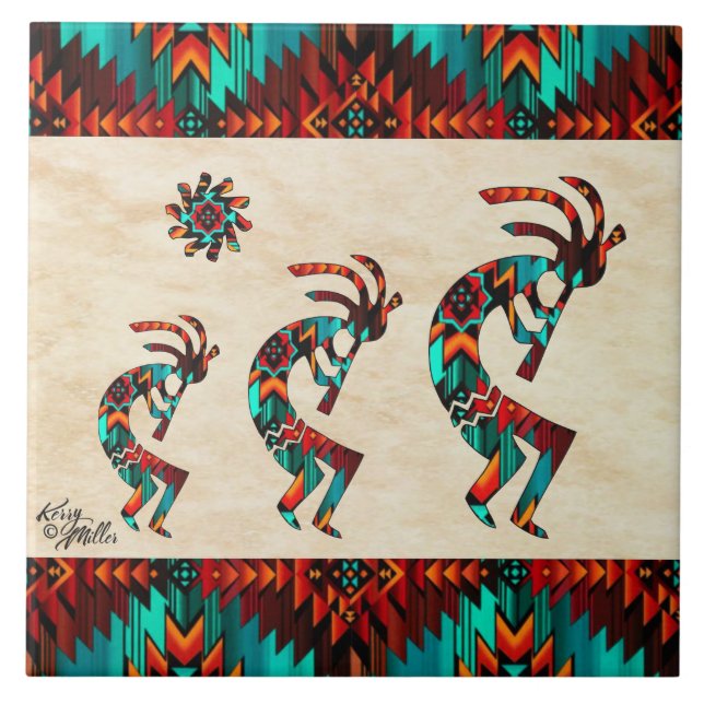 Trois carreaux en céramique Kokopelli Sud-Ouest (Devant)