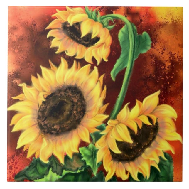 Trois Carreaux Peints De Fleurs De Soleil (Devant)