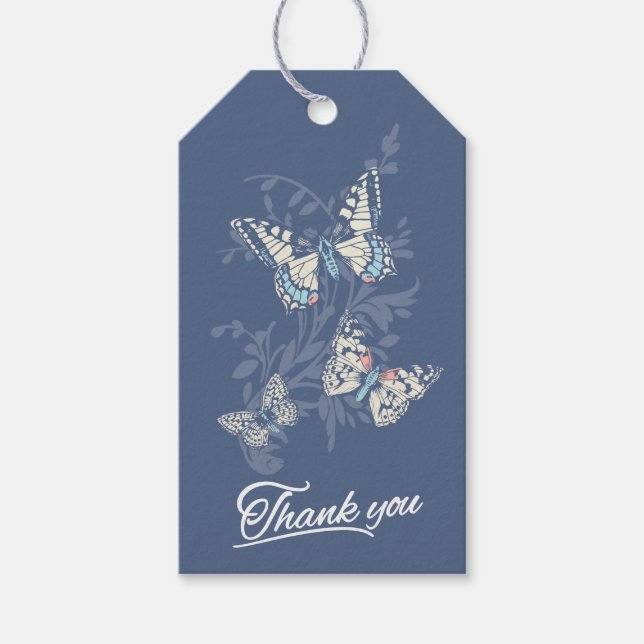 Trois papillons en bleu Merci étiquette cadeau (Devant)