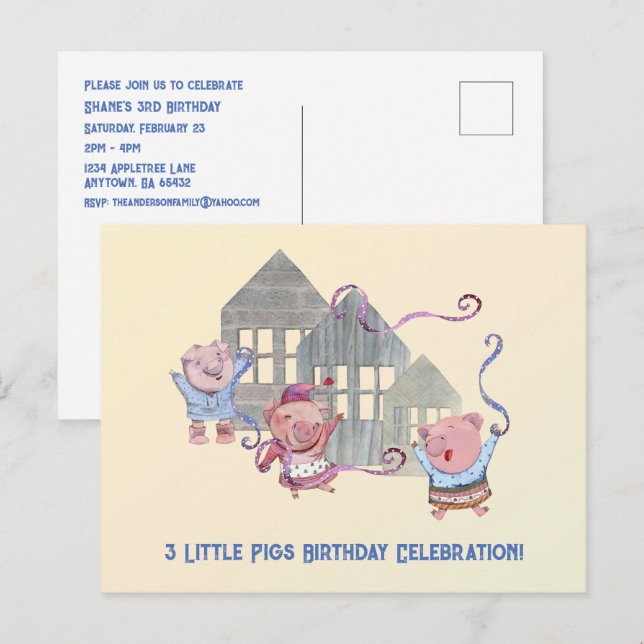 Trois Petits Cochons Anniversaire Fête Invitation (Devant / Derrière)