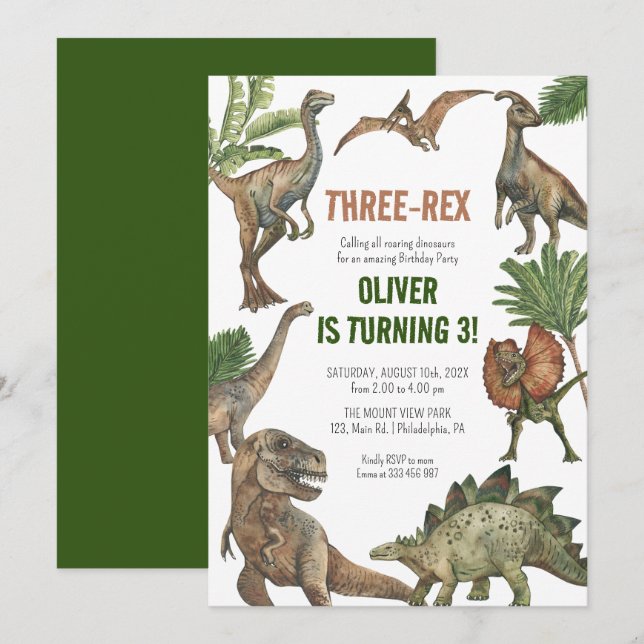 Trois Rex 3 ans Anniversaire Dinosaures invitation (Devant / Derrière)