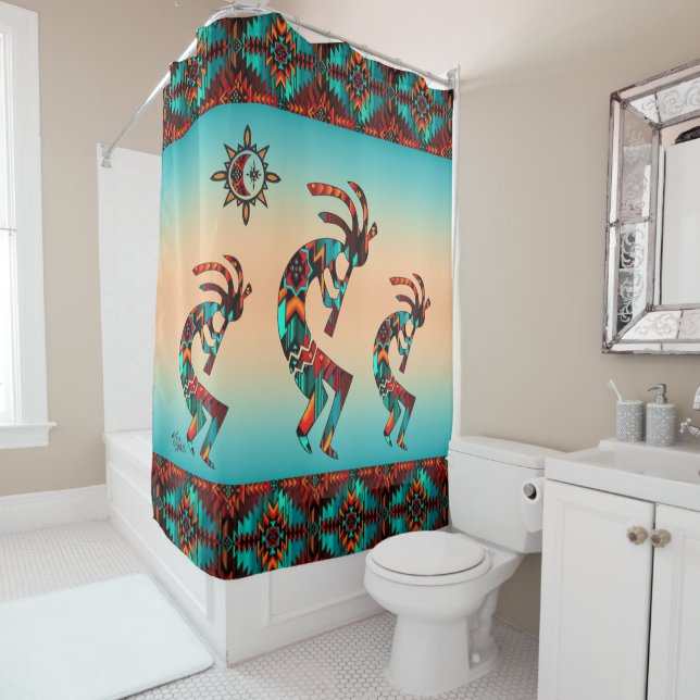 Trois rideau de douche Kokopelli Sud-Ouest (En situation)