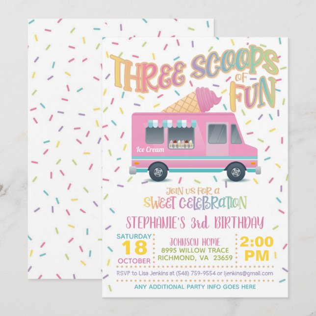 Trois Scoops de crème glacée amusante Invitation d (Devant / Derrière)