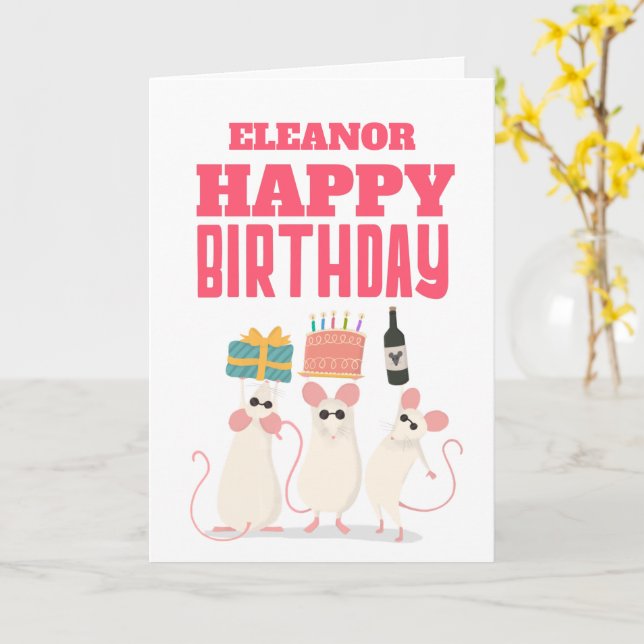 Trois souris Nom Adulte Bonne Carte Anniversaire (Fleur jaune)