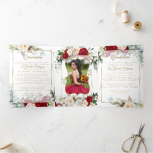 Trois Volets 2 Photo Red Peony Mis Quince Ans Invitation Tri-Pl