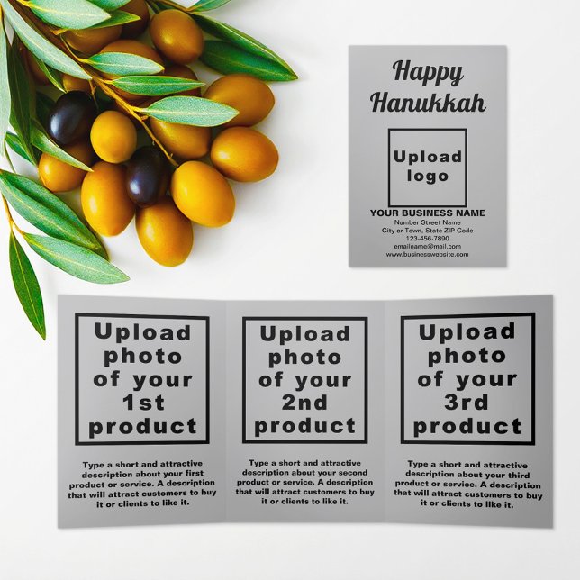 Trois Volets Carte triplée gris Hanoukka Business (Hanukkah greeting, business brand and products on gray trifold card)