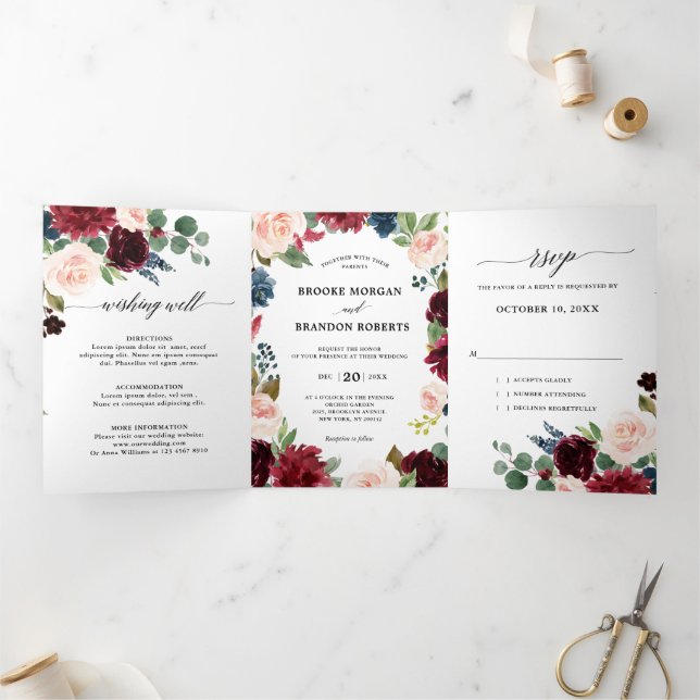 Trois Volets Faire-part de mariage Trifold Rouge Bourgogne Navy (Intérieur)