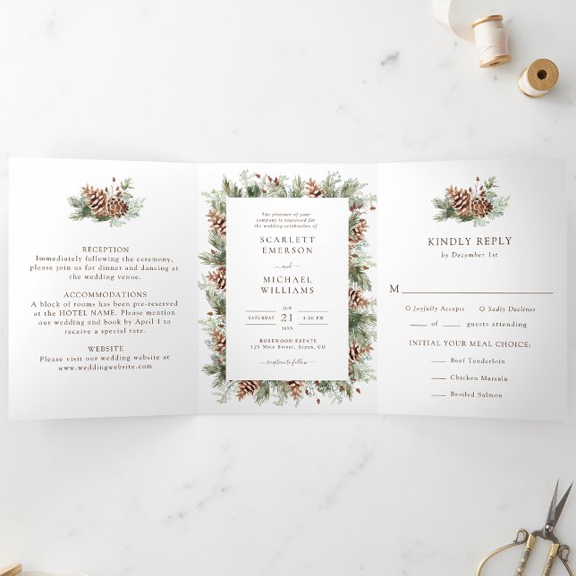 Trois Volets Invitation de mariage trifold d'hiver (White Winter Pinecone Trifold Wedding Invitation Photo Card by Painted Paperie
)