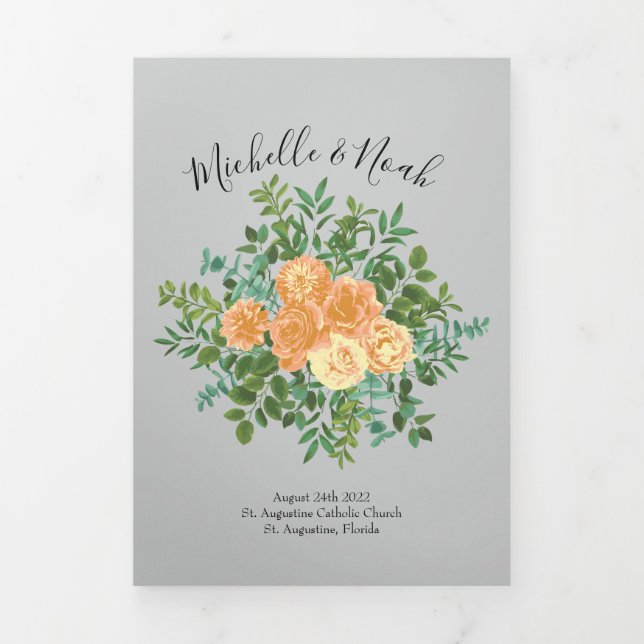 Trois Volets Peach & Grey Peony & Rose Floral Wedding Programme (Page de couverture)