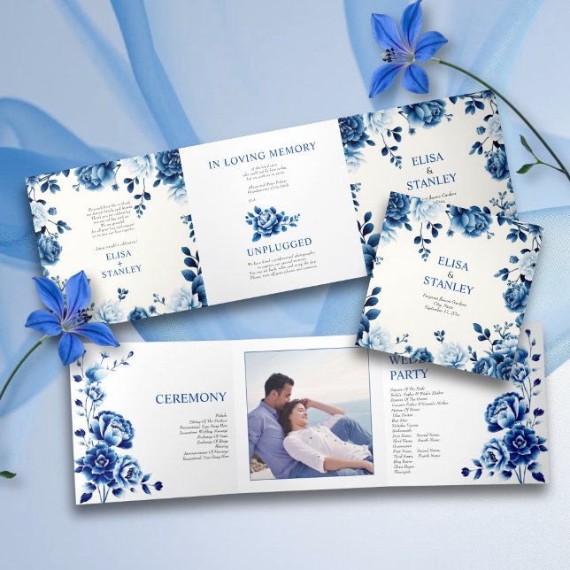 Trois Volets Programme de mariage de mariée à fleurs bleues (Créateur téléchargé)