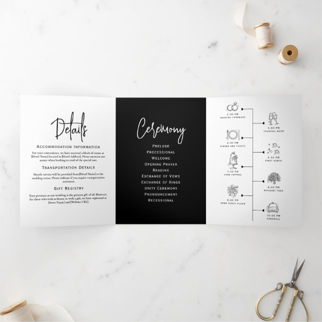Trois Volets Programme de mariage minimal Noir et blanc Élégant (Intérieur)