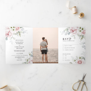 Trois Volets Roses floraux   Invitation mariage triplée