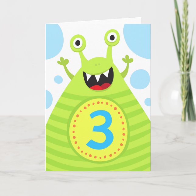 Troisième anniversaire drôle monstre vert carte de (Devant)