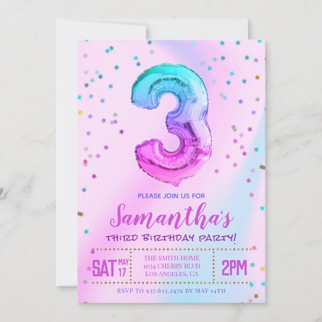Troisième Unicorn Invitation de fête d'anniversair (Devant)