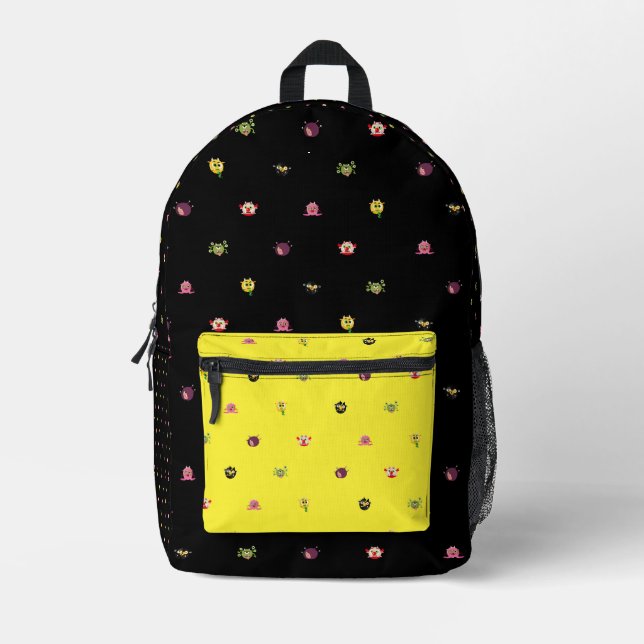 troll pattern yellow pocket printed backpack (Front)
