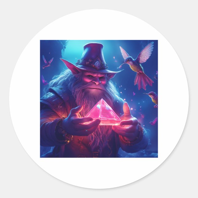 Troll With Glowing Glass Pyramid And Hummingbirds Classic Round Sticker (Front)