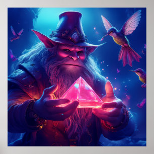 Troll With Glowing Glass Pyramid And Hummingbirds Poster