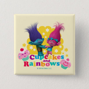 Trolls   Poppy & Branch - Cupcakes and Rainbows 2 Inch Square Button
