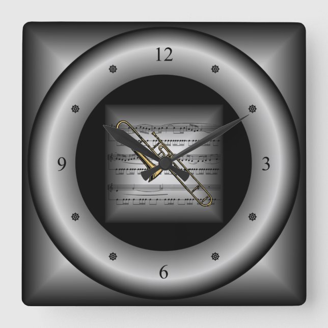 Trombone ~ 3-D Sheet Music ~ Pillow Silver/Black ~ Square Wall Clock (Front)