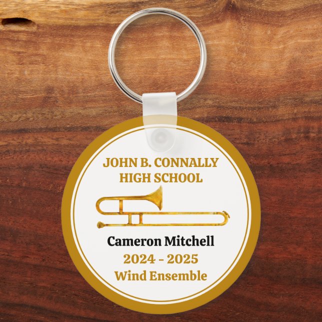 Trombone High School Band Gold Personalized Keychain (Front)