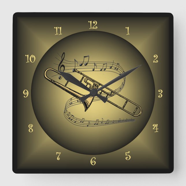 Trombone ~ Musical Instrument ~ Musical Globes ~ Square Wall Clock (Front)