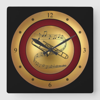 Trombone ~ Musical Scroll ~ Gold/Maroon/Black Back Square Wall Clock