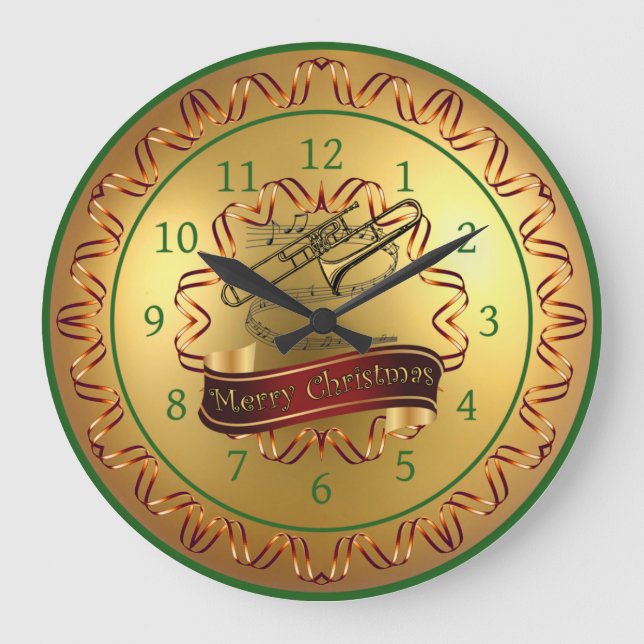 Trombone ~ Musical Scroll ~ Gold “Merry Christmas” Large Clock (Front)