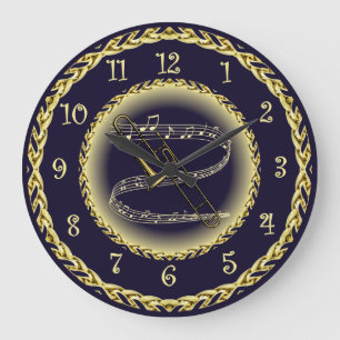 Trombone ~ Musical Scroll ~ Gold/Navy Blue ~ Large Clock
