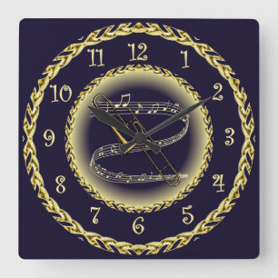 Trombone ~ Musical Scroll ~ Gold/Navy Blue ~ Square Wall Clock