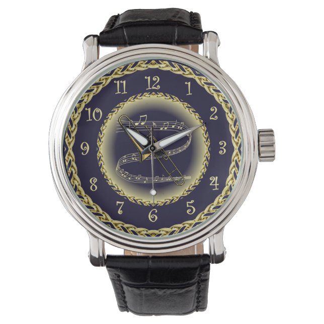 Trombone ~ Musical Scroll ~ Gold/Navy Blue ~ Watch (Front)