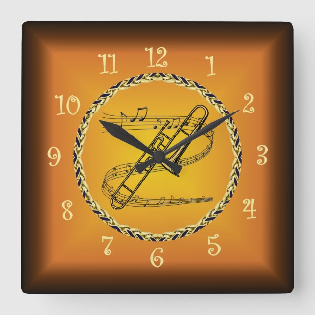 Trombone On Musical Scroll & Russet Orange ~ Square Wall Clock (Front)
