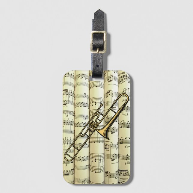 Trombone On Rolled Sheet Music ~ Luggage Tag (Front Vertical)