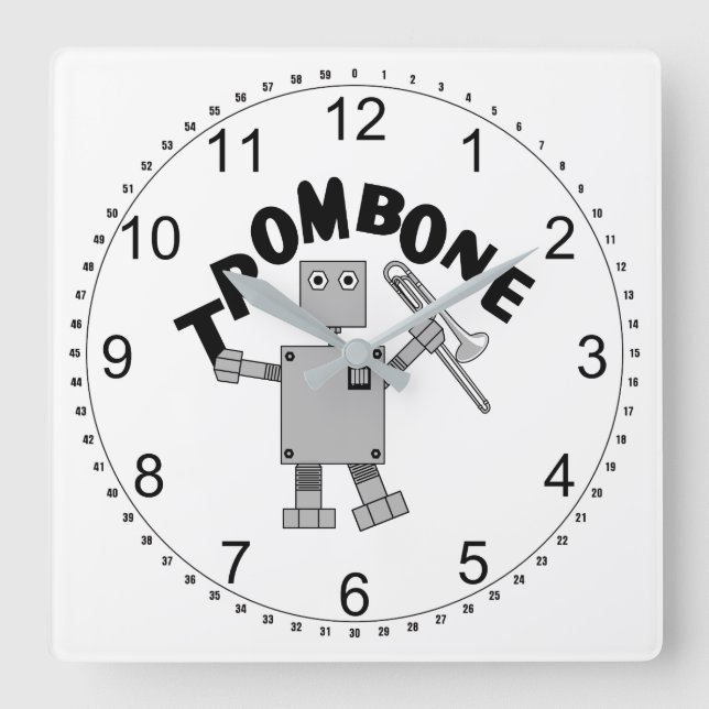 Trombone Robot Text Square Wall Clock (Front)