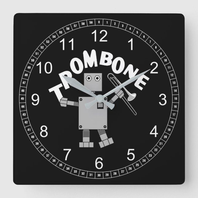 Trombone Robot Text Square Wall Clock (Front)