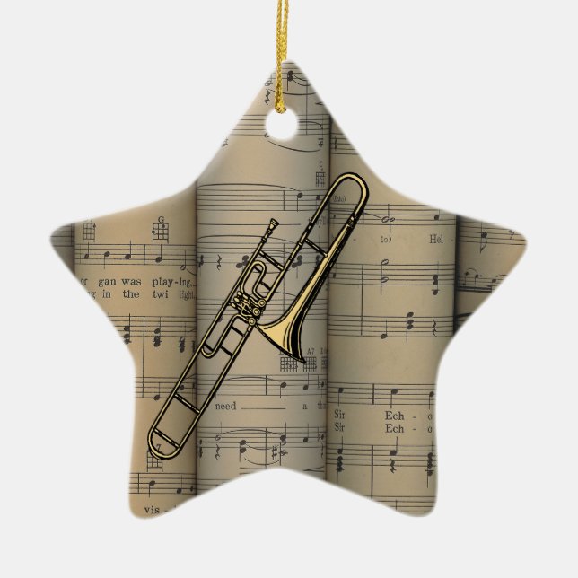 Trombone ~ Rolled Sheet Music Background ~ Musical Ceramic Ornament (Front)