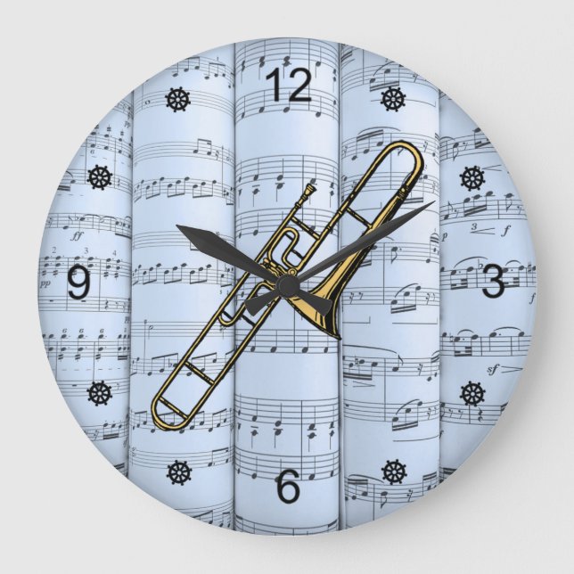 Trombone~Rolled Sheet Music~Blue Tint Background~  Large Clock (Front)