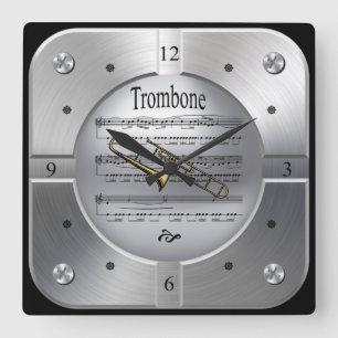Trombone ~ Sheet Music ~ Brushed Silver Color ~ Square Wall Clock