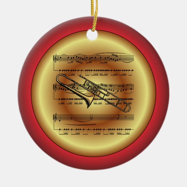 Trombone~Sheet Music~Red/Green/Gold~Christmas~ Ceramic Ornament (Front)