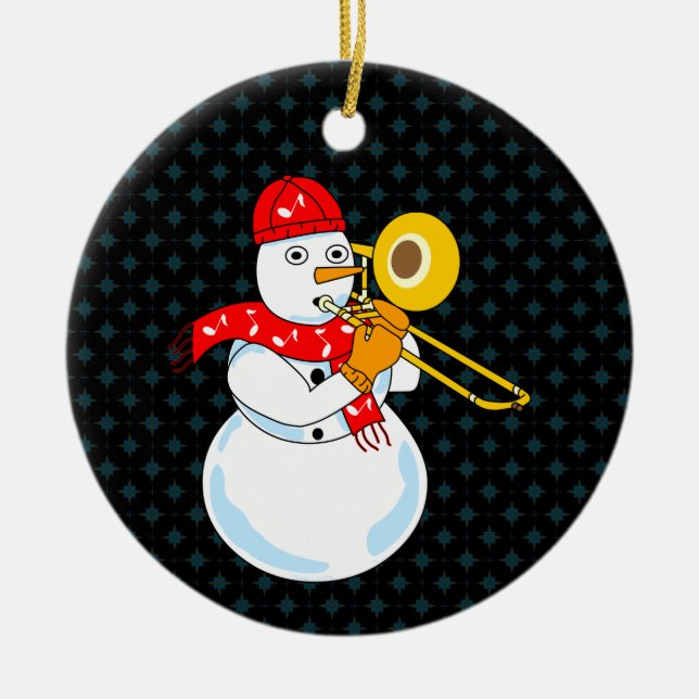 Trombone Snowman Ceramic Ornament (Front)