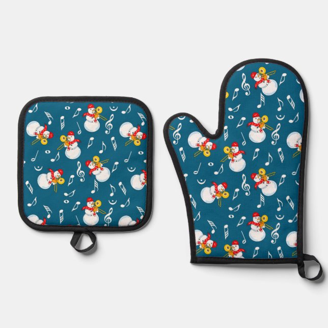 Trombone Snowman Music Notes Pattern Oven Mitt & Pot Holder Set (Front)