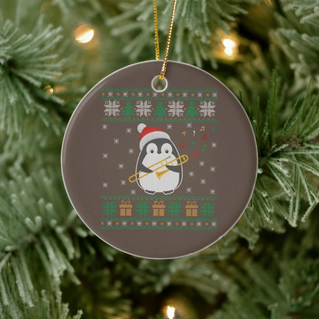 Trombone Ugly Christmas Sweater Penguin Xmas Famil Ceramic Ornament (Tree)