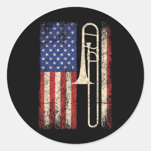 Trombone Usa American Flag Shirt Jazz Music Vintag Classic Round Sticker