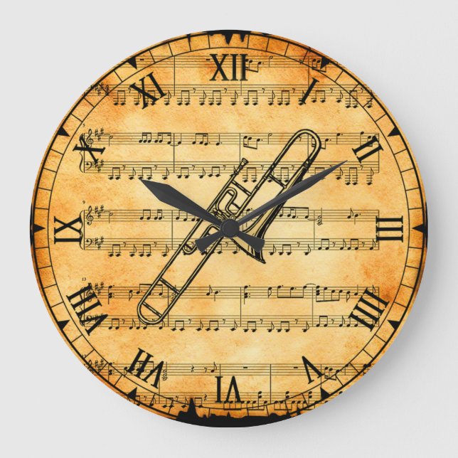 Trombone ~ Vintage Sheet Music Background ~ Unique Large Clock (Front)